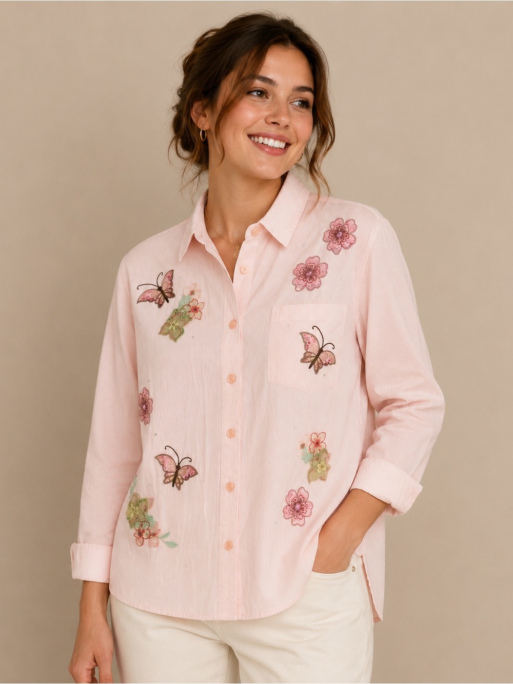 Drapers‎ & Damons Pink Striped Button Up Shirt XL Butterfly Floral Applique